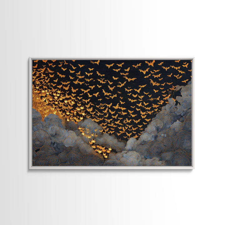 The Golden Bat Swarm - Procession Scene, Spooky Wall Decor, Landscape Wall Art, Framed Canvas Print, Halloween Home Decor, Gothic Wall Art