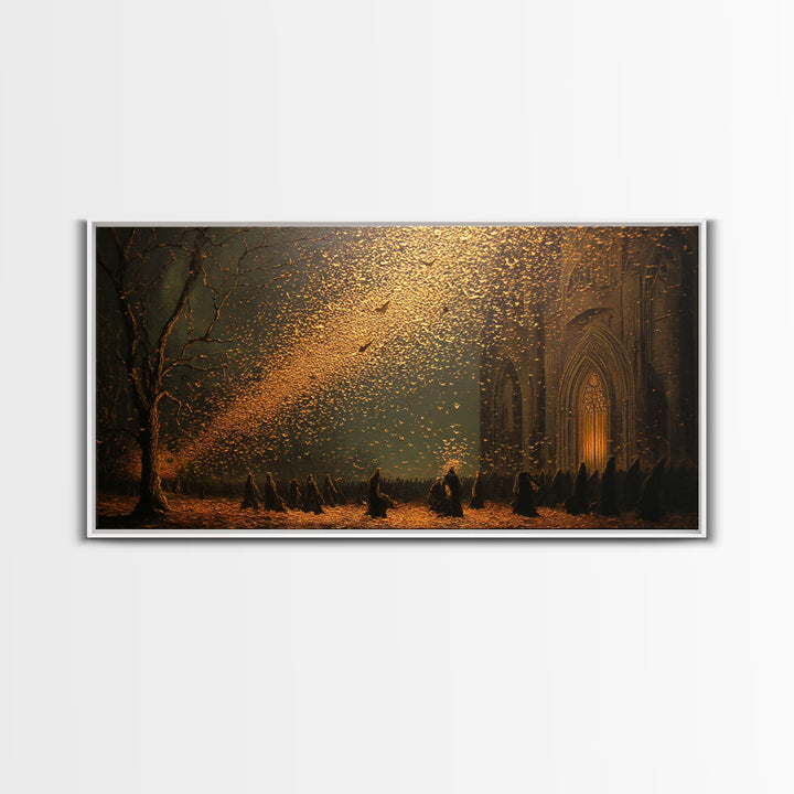 The Golden Bat Swarm - Procession Scene, Occult Wall Decor, Wide Panoramic Art, Canvas Print, Halloween Home Decor, Gothic Wall Art