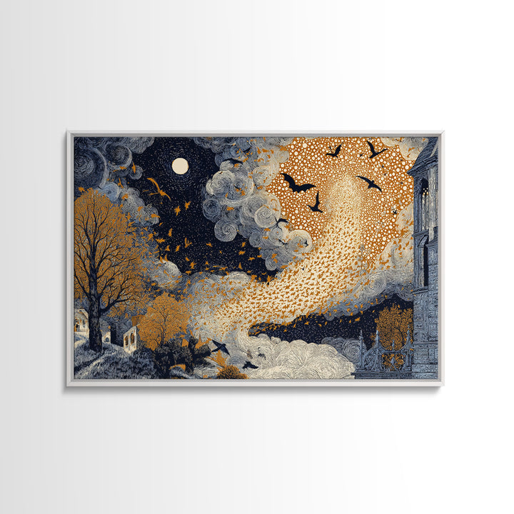 The Golden Bat Swarm - Surreal Celestial Vision, Occult Wall Decor, Landscape Wall Art, Canvas Print, Halloween Home Decor, Gothic Wall Art