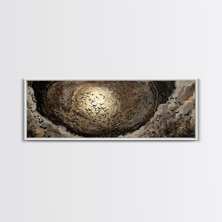 The Golden Bat Swarm - Surreal Celestial Vision, Gothic Home Decor, Extra Wide Wall Art, Canvas Print, Halloween Home Decor, Gothic Wall Art