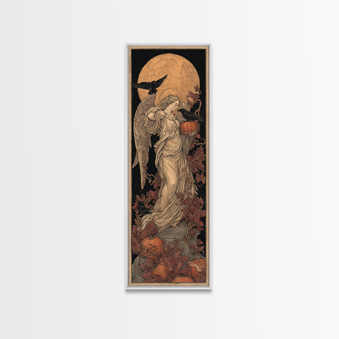 The Pumpkin-Winged Angel - Icon Portrait, Spooky Wall Decor, Tall Narrow Wall Art, Framed Canvas Print, Halloween Home Decor