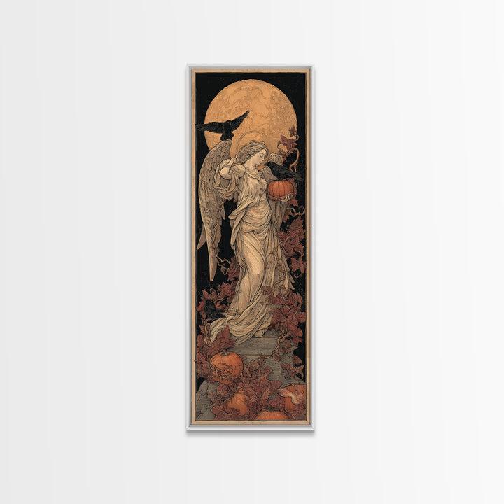 The Pumpkin-Winged Angel - Icon Portrait, Spooky Wall Decor, Tall Narrow Wall Art, Framed Canvas Print, Halloween Home Decor