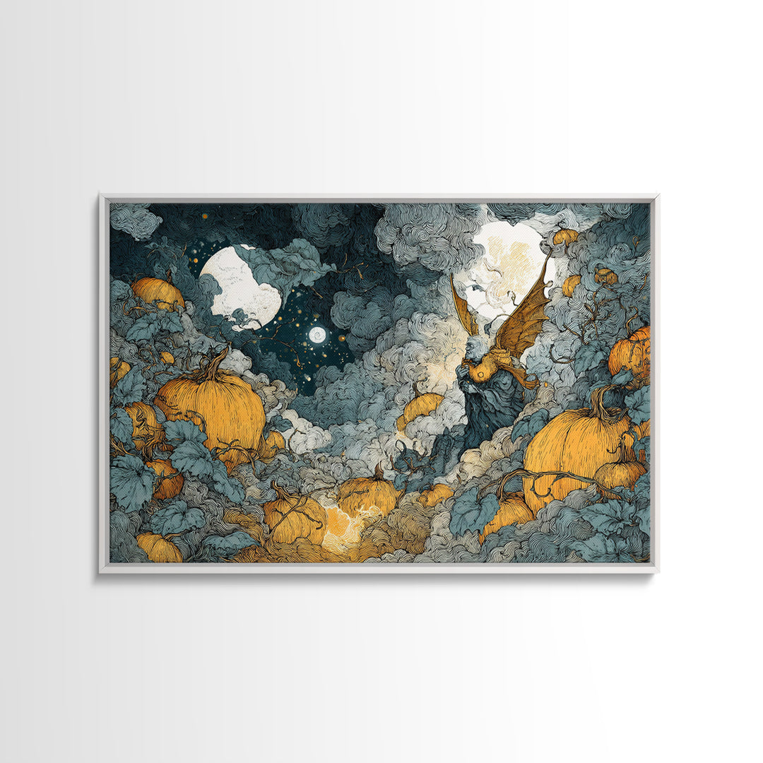 The Pumpkin-Winged Angel - Surreal Celestial Vision, Spooky Wall Decor, Landscape Wall Art, Framed Canvas Print, Halloween Home Decor
