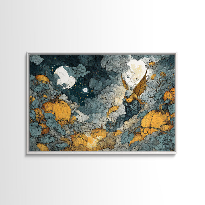 The Pumpkin-Winged Angel - Surreal Celestial Vision, Spooky Wall Decor, Landscape Wall Art, Framed Canvas Print, Halloween Home Decor