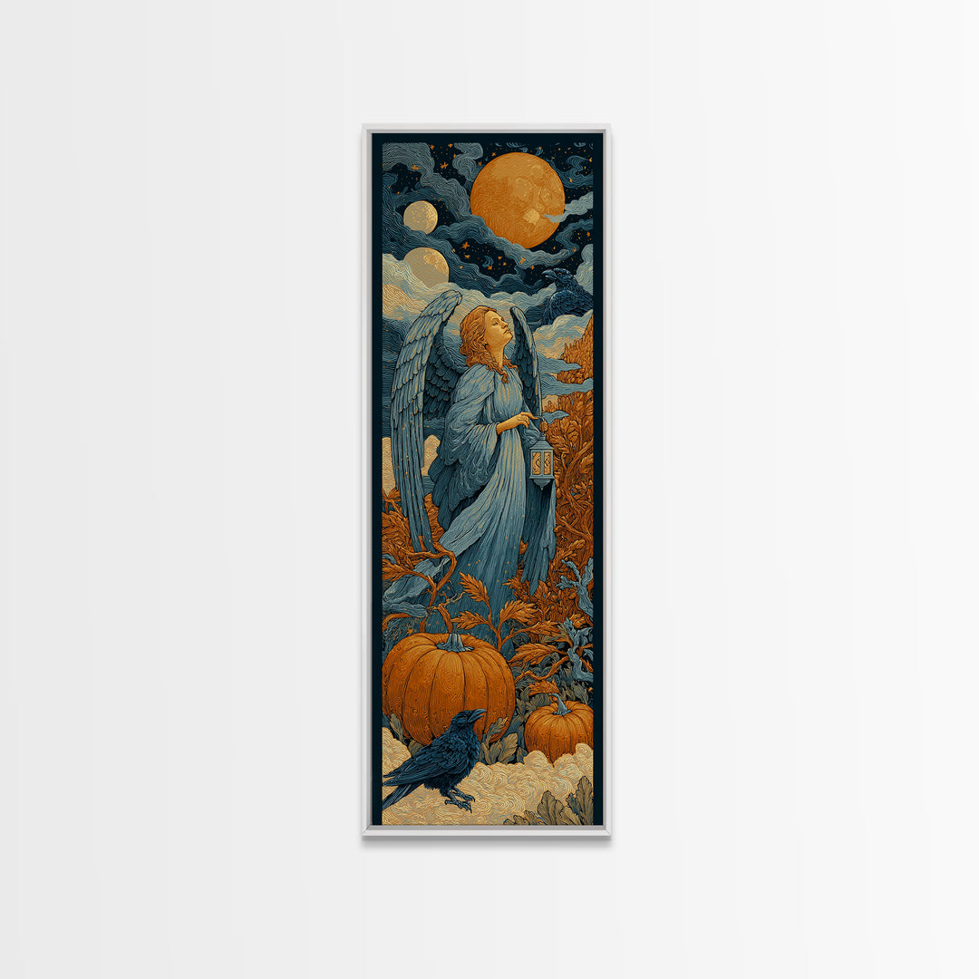 The Pumpkin-Winged Angel - Surreal Celestial Vision, Spooky Wall Decor, Tall Narrow Wall Art, Framed Canvas Print, Halloween Home Decor