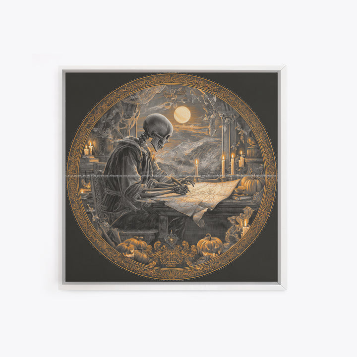 The Skeleton Cartographer - Icon Portrait, Macabre Halloween Art, Square Wall Art, Framed Canvas Print, Halloween Home Decor