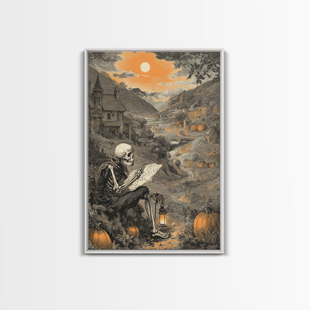 The Skeleton Cartographer - Environmental Panorama, Gothic Home Decor, Vertical Wall Art, Canvas Print, Halloween Home Decor