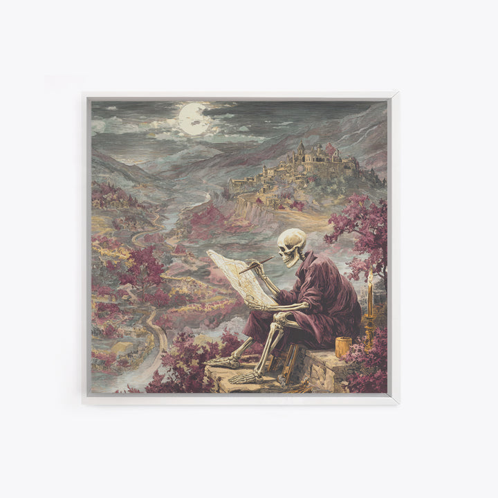 The Skeleton Cartographer - Environmental Panorama, Halloween Wall Art, Square Wall Art, Framed Canvas Print, Halloween Home Decor