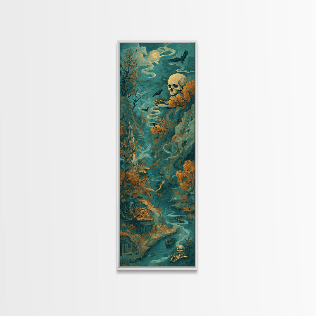 The Skeleton Cartographer - Environmental Panorama, Dark Fantasy Wall Art, Tall Narrow Wall Art, Canvas Print, Halloween Home Decor