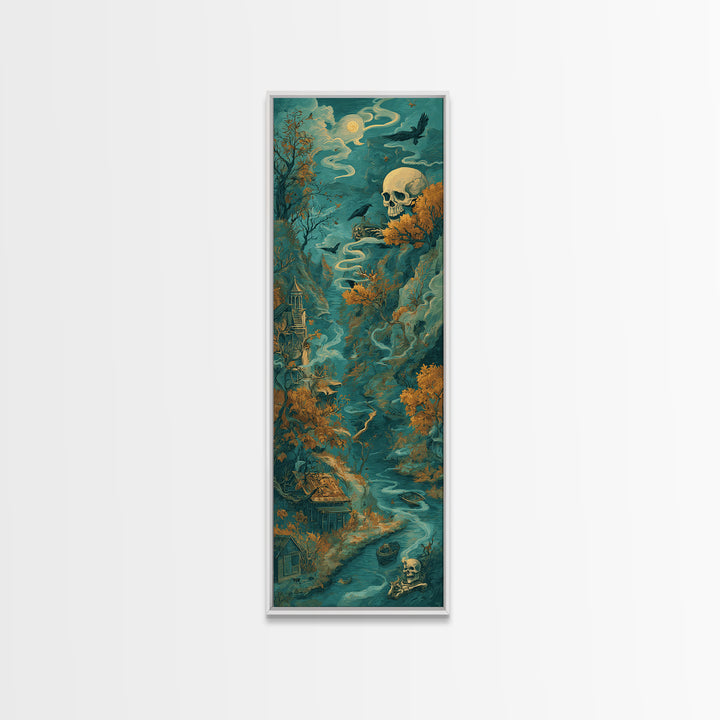 The Skeleton Cartographer - Environmental Panorama, Dark Fantasy Wall Art, Tall Narrow Wall Art, Canvas Print, Halloween Home Decor