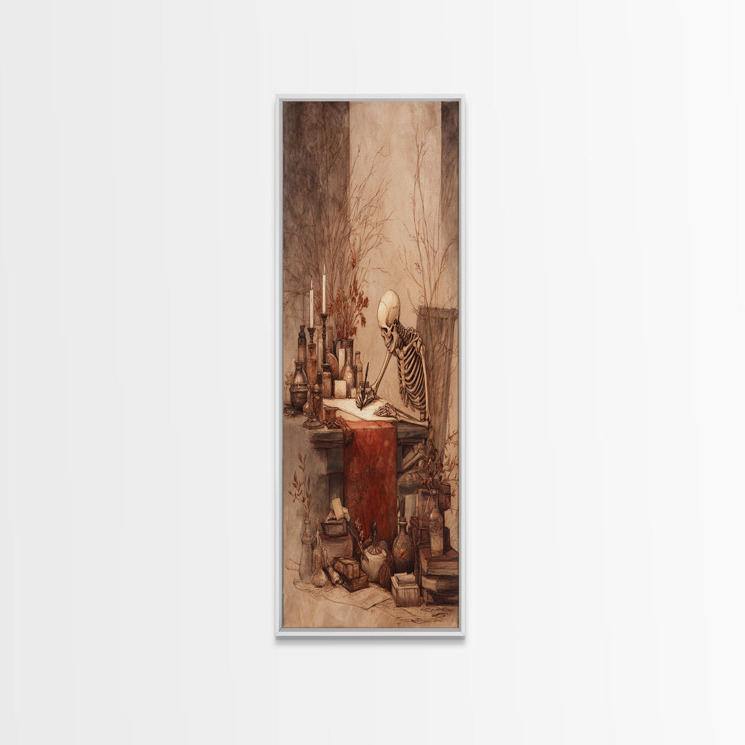 The Skeleton Cartographer - Occult Still Life, Macabre Halloween Art, Vertical Wall Art, Framed Canvas Print, Halloween Home Decor