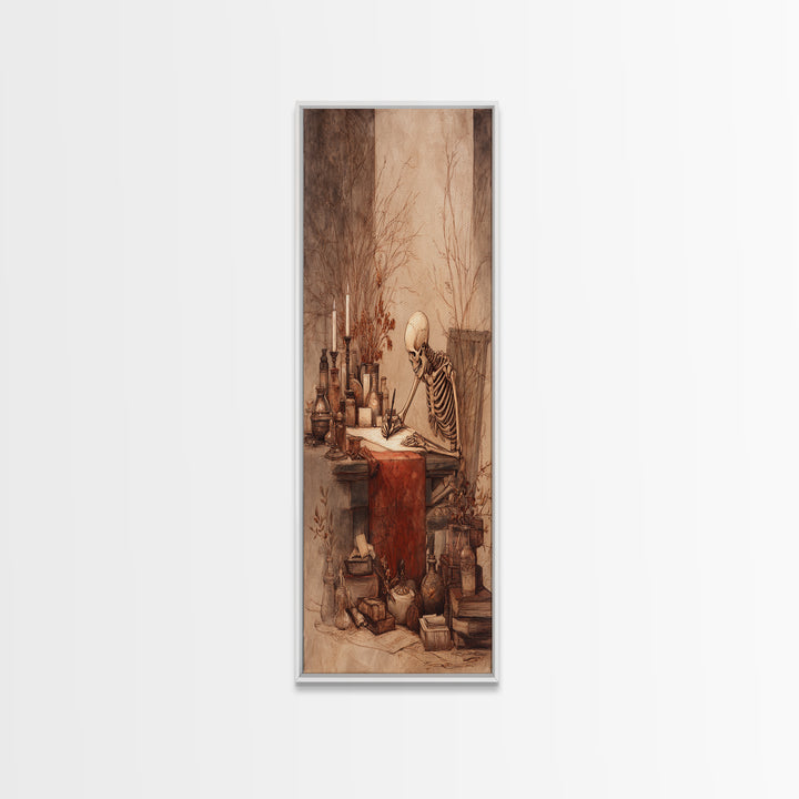 The Skeleton Cartographer - Occult Still Life, Macabre Halloween Art, Vertical Wall Art, Framed Canvas Print, Halloween Home Decor