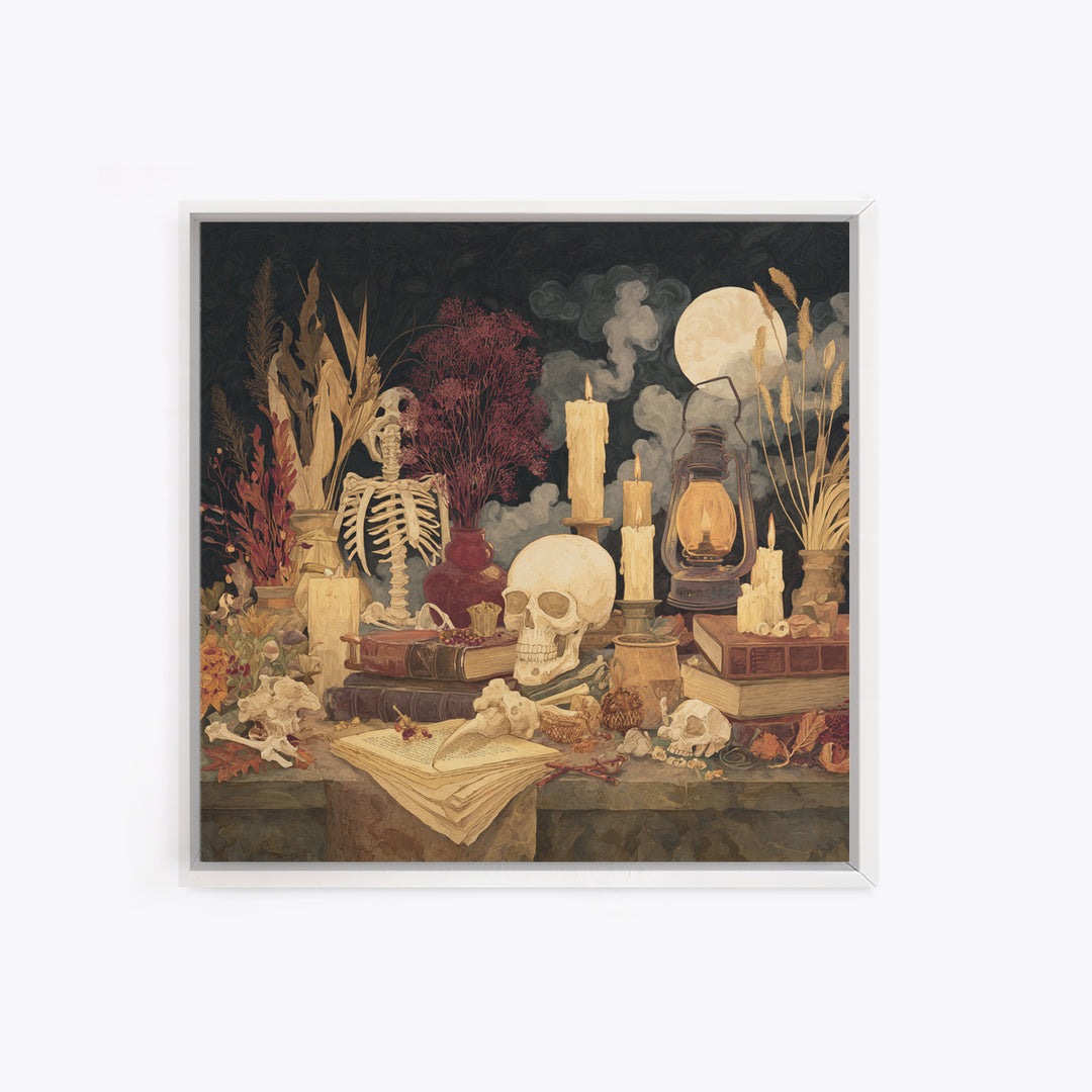 The Skeleton Cartographer - Occult Still Life, Macabre Halloween Art, Square Wall Art, Framed Canvas Print, Halloween Home Decor