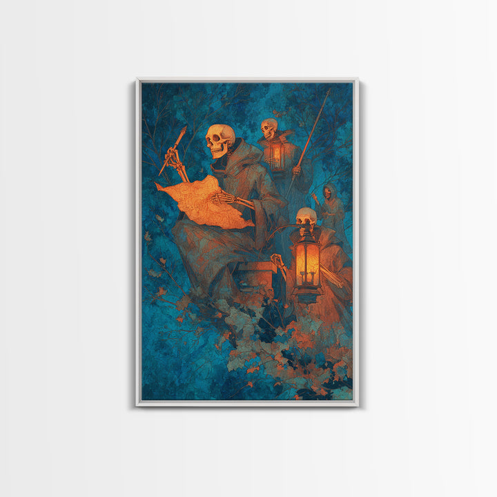 The Skeleton Cartographer - Procession Scene, Dark Fantasy Wall Art, Vertical Wall Art, Canvas Print, Halloween Home Decor, Gothic Wall Art