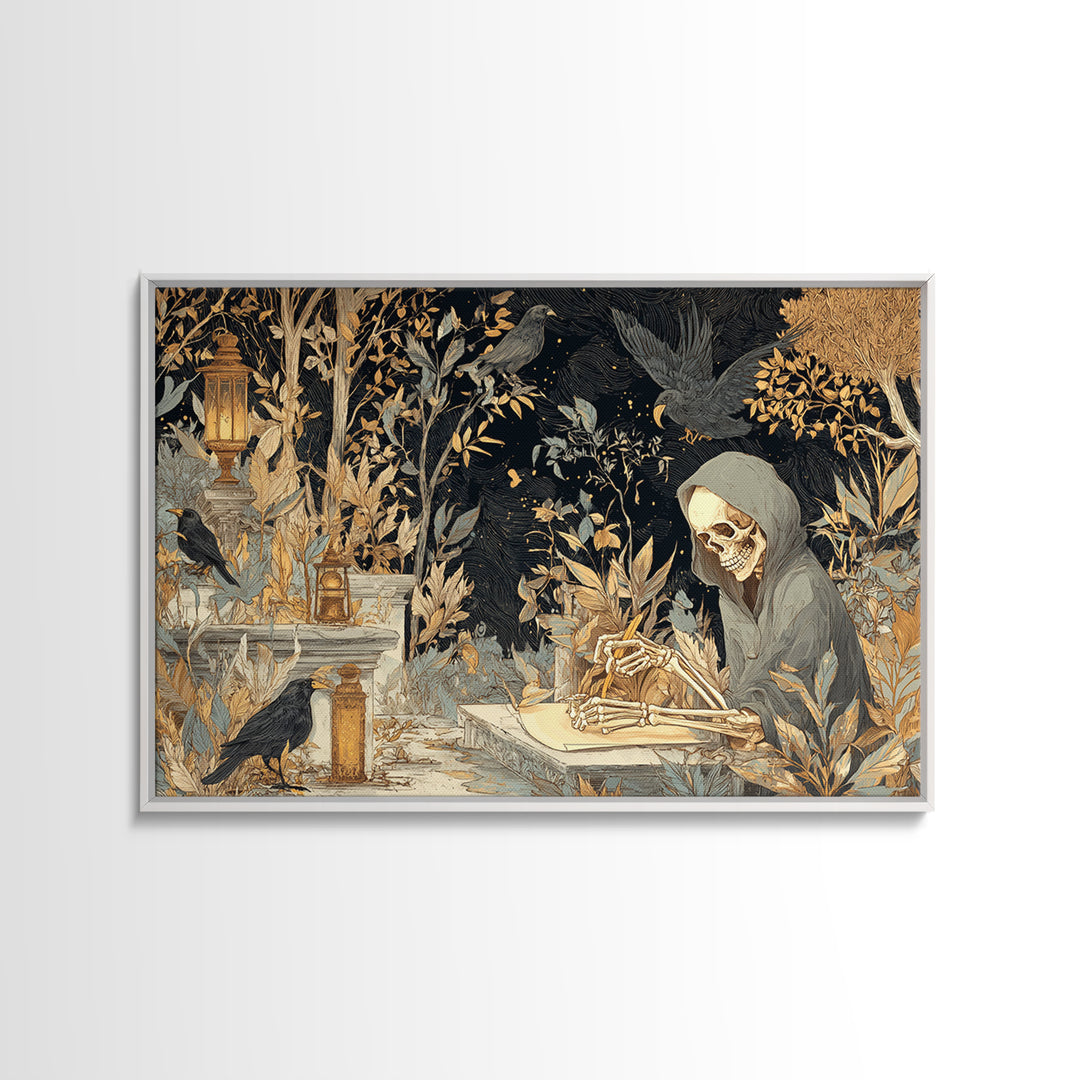 The Skeleton Cartographer - Procession Scene, Halloween Wall Art, Landscape Wall Art, Framed Canvas Print, Halloween Home Decor