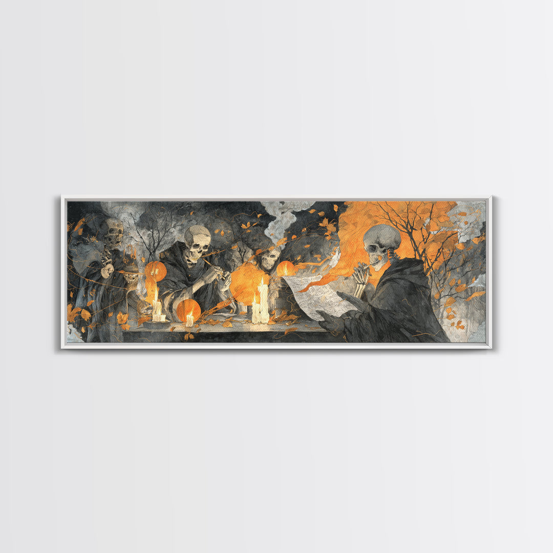 The Skeleton Cartographer - Procession Scene, Gothic Home Decor, Extra Wide Wall Art, Canvas Print, Halloween Home Decor, Gothic Wall Art