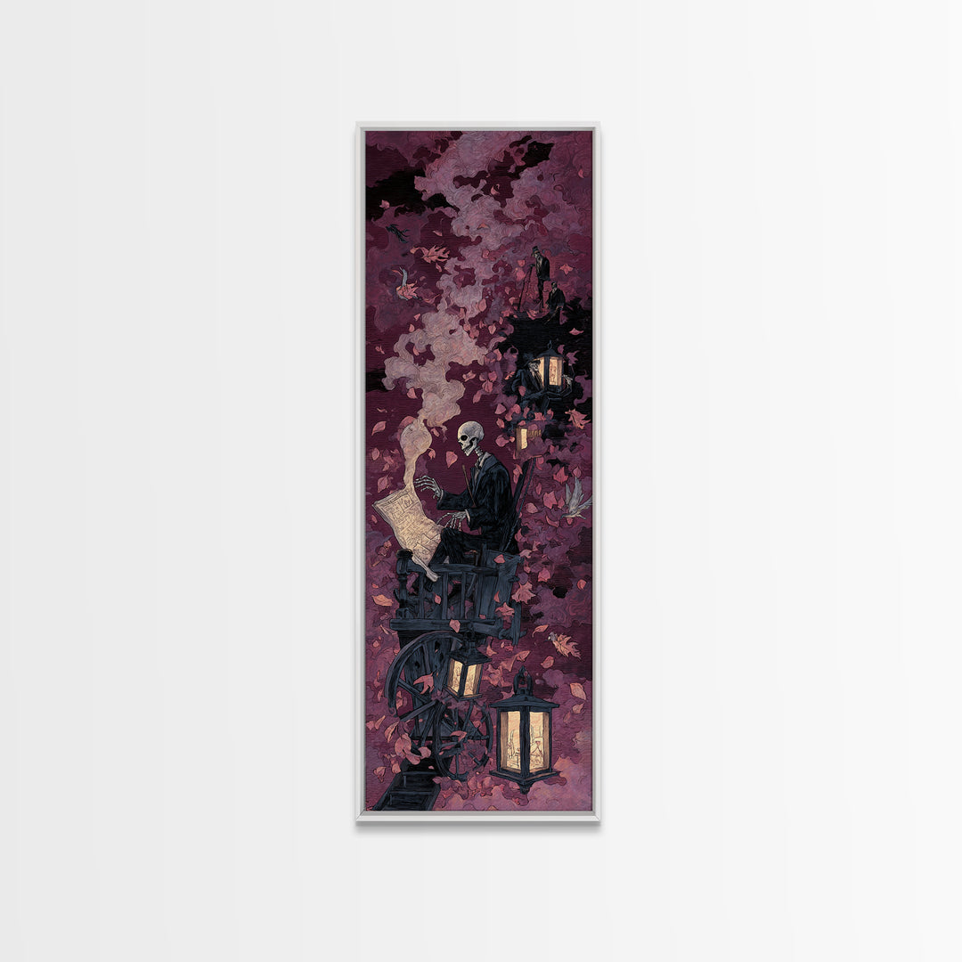 The Skeleton Cartographer - Procession Scene, Macabre Halloween Art, Tall Narrow Wall Art, Framed Canvas Print, Halloween Home Decor