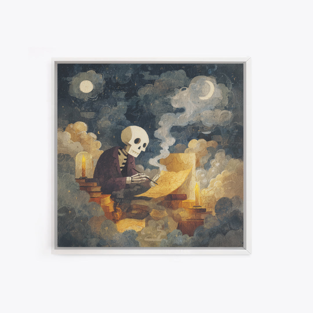 The Skeleton Cartographer - Surreal Celestial Vision, Macabre Halloween Art, Square Wall Art, Framed Canvas Print, Halloween Home Decor