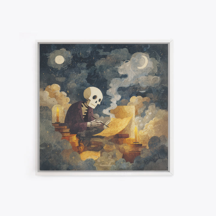 The Skeleton Cartographer - Surreal Celestial Vision, Macabre Halloween Art, Square Wall Art, Framed Canvas Print, Halloween Home Decor