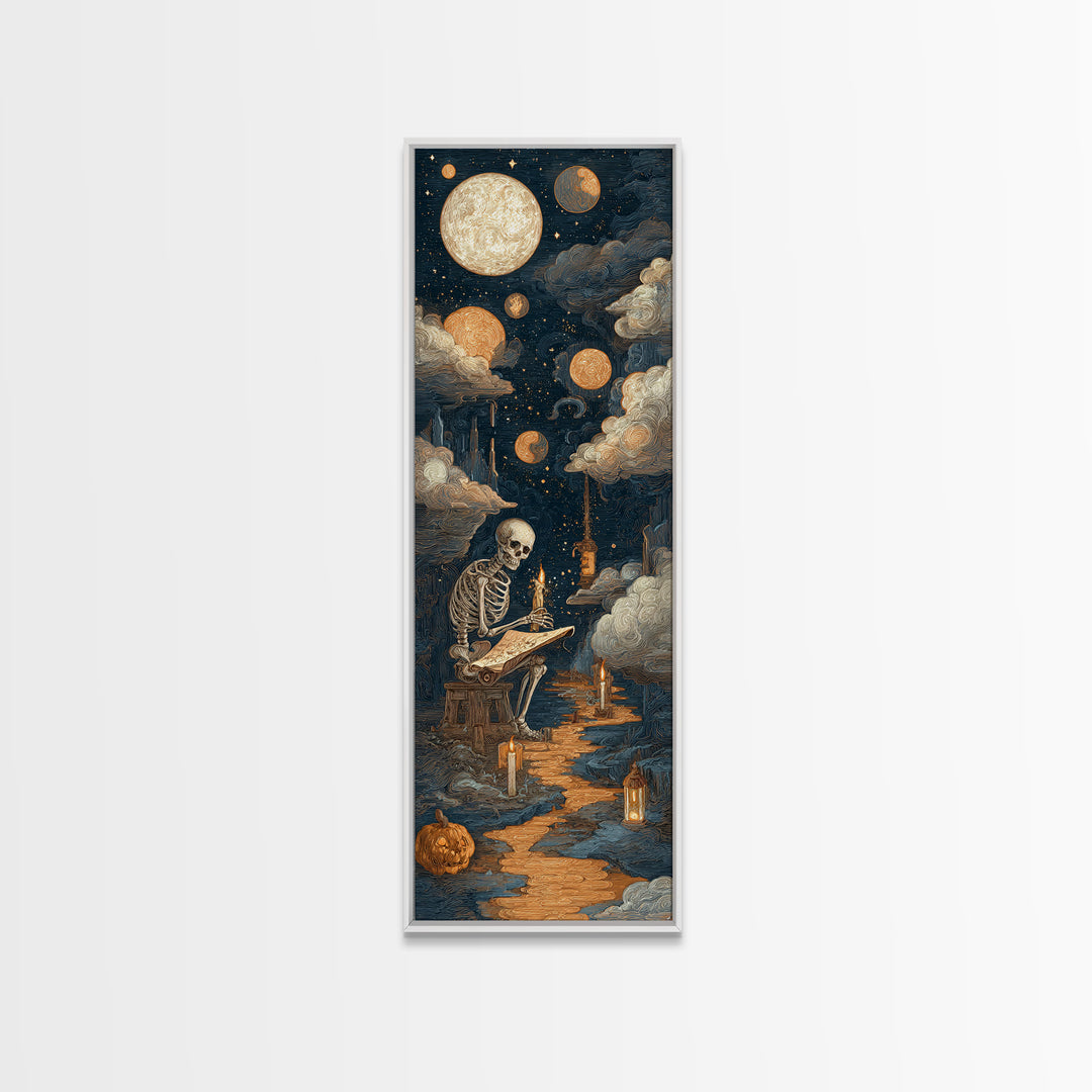 The Skeleton Cartographer - Surreal Celestial Vision, Halloween Wall Art, Tall Narrow Wall Art, Framed Canvas Print, Halloween Home Decor