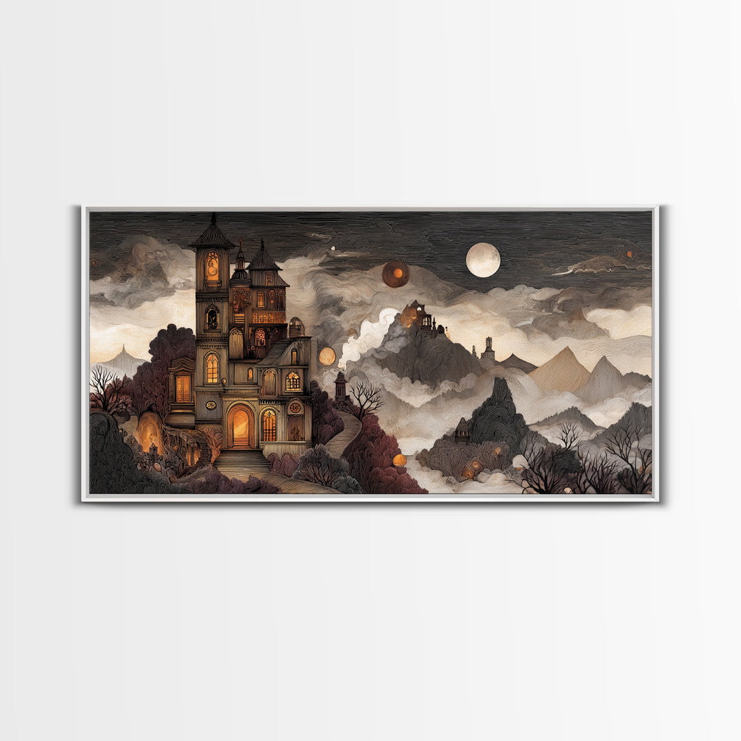 The Witch Astronomical Cabinet - Environmental Panorama, Halloween Wall Art, Wide Panoramic Art, Framed Canvas Print, Halloween Home Decor