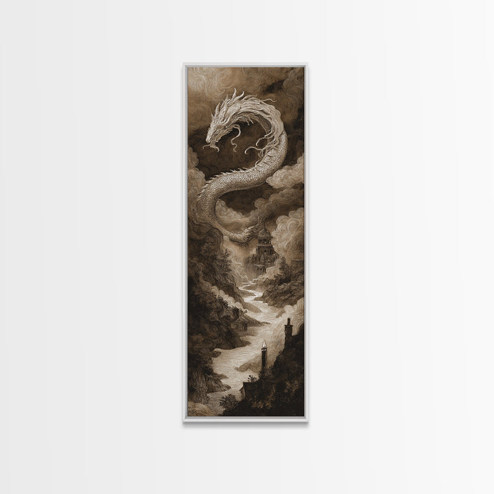 The Candle Smoke Dragon - Environmental Panorama, Macabre Halloween Art, Tall Narrow Wall Art, Framed Canvas Print, Halloween Home Decor