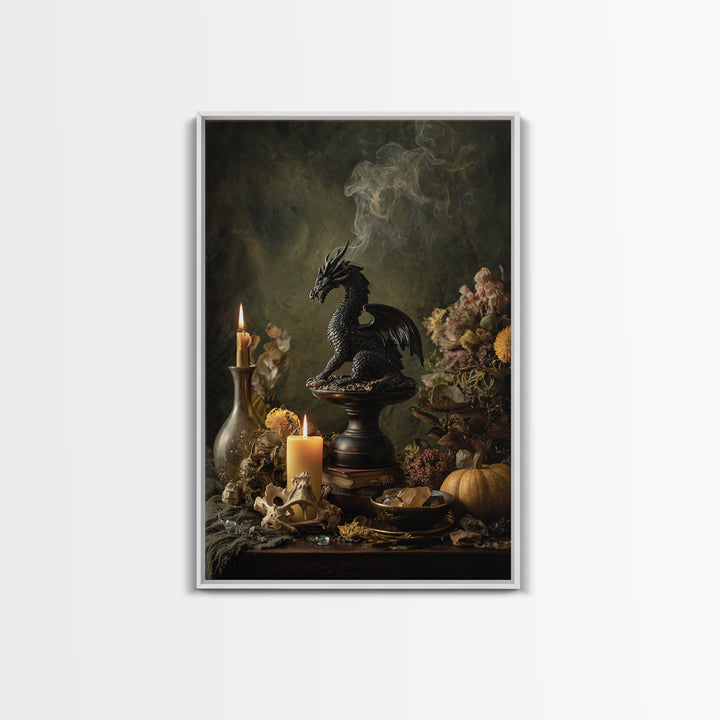 The Candle Smoke Dragon - Occult Still Life, Spooky Wall Decor, Vertical Wall Art, Framed Canvas Print, Halloween Home Decor