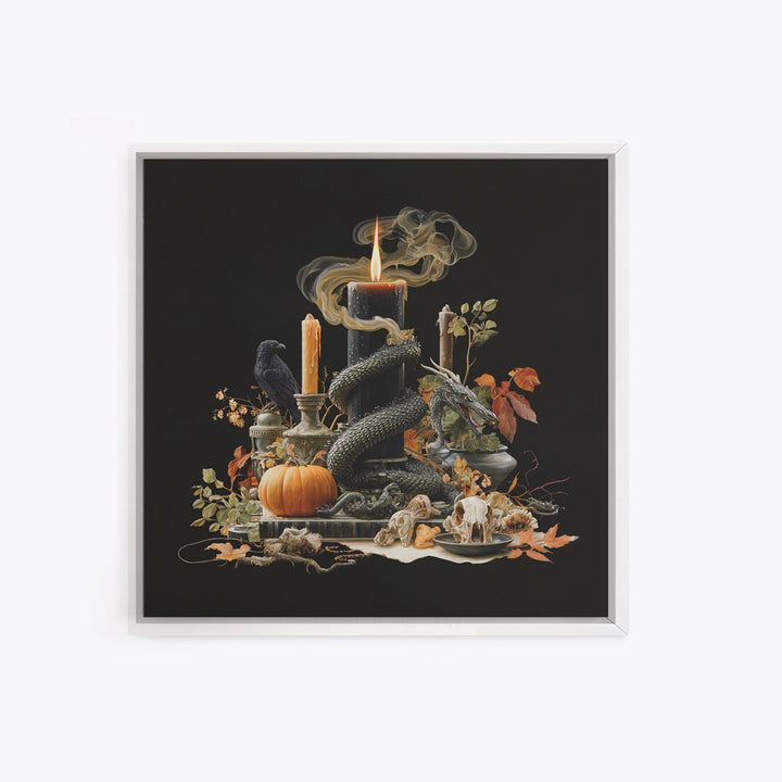 The Candle Smoke Dragon - Occult Still Life, Spooky Wall Decor, Square Wall Art, Framed Canvas Print, Halloween Home Decor, Gothic Wall Art