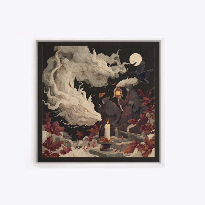 The Candle Smoke Dragon - Procession Scene, Spooky Wall Decor, Square Wall Art, Framed Canvas Print, Halloween Home Decor, Gothic Wall Art