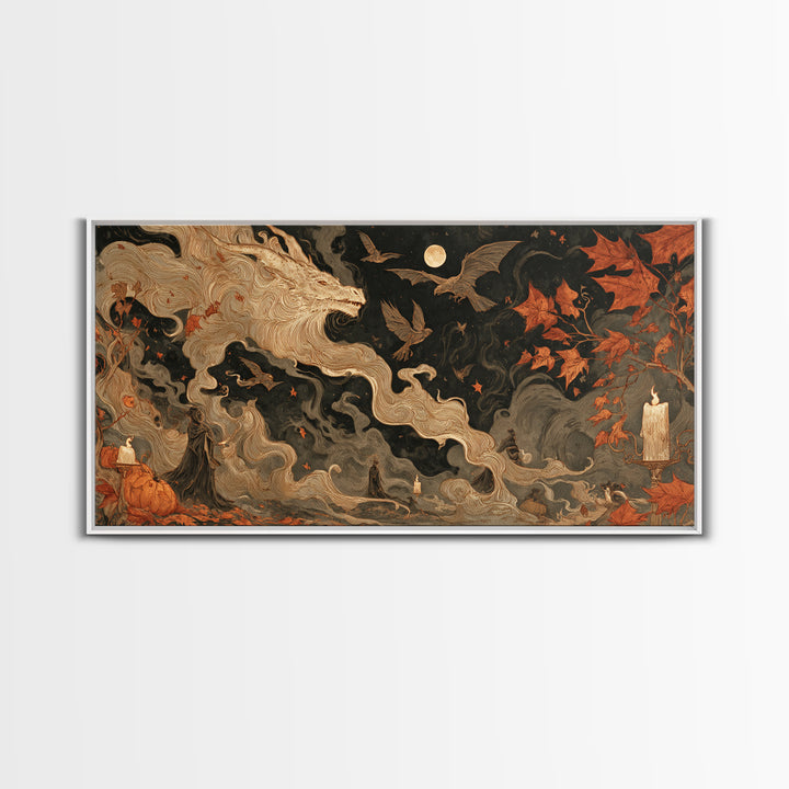 The Candle Smoke Dragon - Procession Scene, Dark Fantasy Wall Art, Wide Panoramic Art, Canvas Print, Halloween Home Decor, Gothic Wall Art