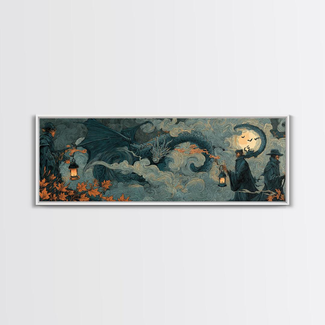 The Candle Smoke Dragon - Procession Scene, Halloween Wall Art, Extra Wide Wall Art, Framed Canvas Print, Halloween Home Decor