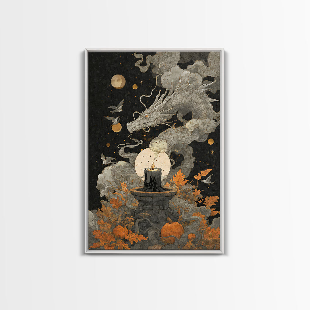 The Candle Smoke Dragon - Surreal Celestial Vision, Dark Fantasy Wall Art, Vertical Wall Art, Canvas Print, Halloween Home Decor