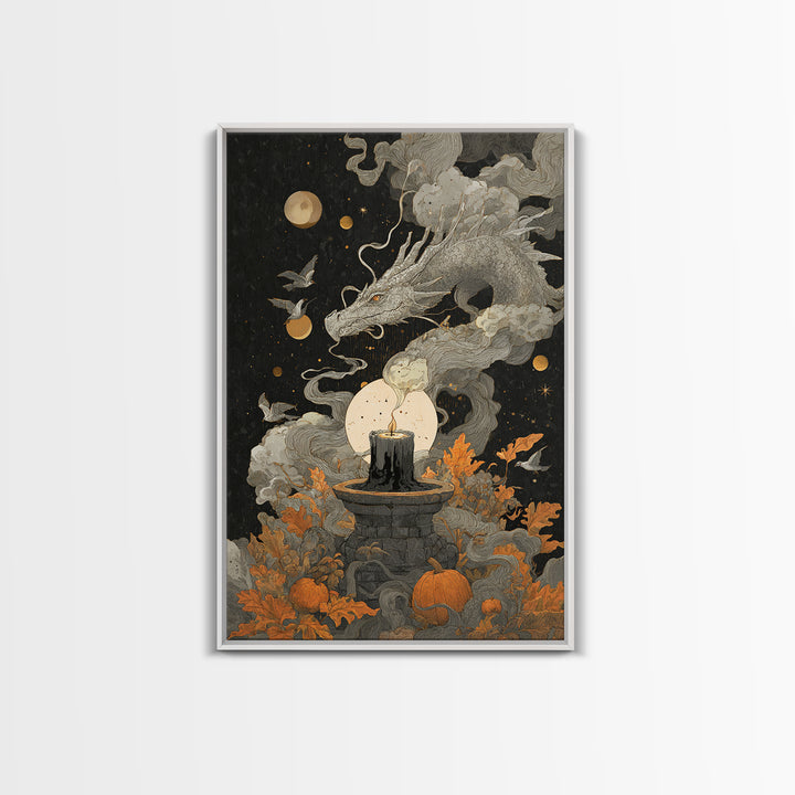 The Candle Smoke Dragon - Surreal Celestial Vision, Dark Fantasy Wall Art, Vertical Wall Art, Canvas Print, Halloween Home Decor