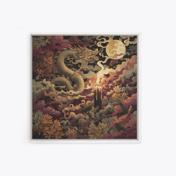 The Candle Smoke Dragon - Surreal Celestial Vision, Macabre Halloween Art, Square Wall Art, Framed Canvas Print, Halloween Home Decor