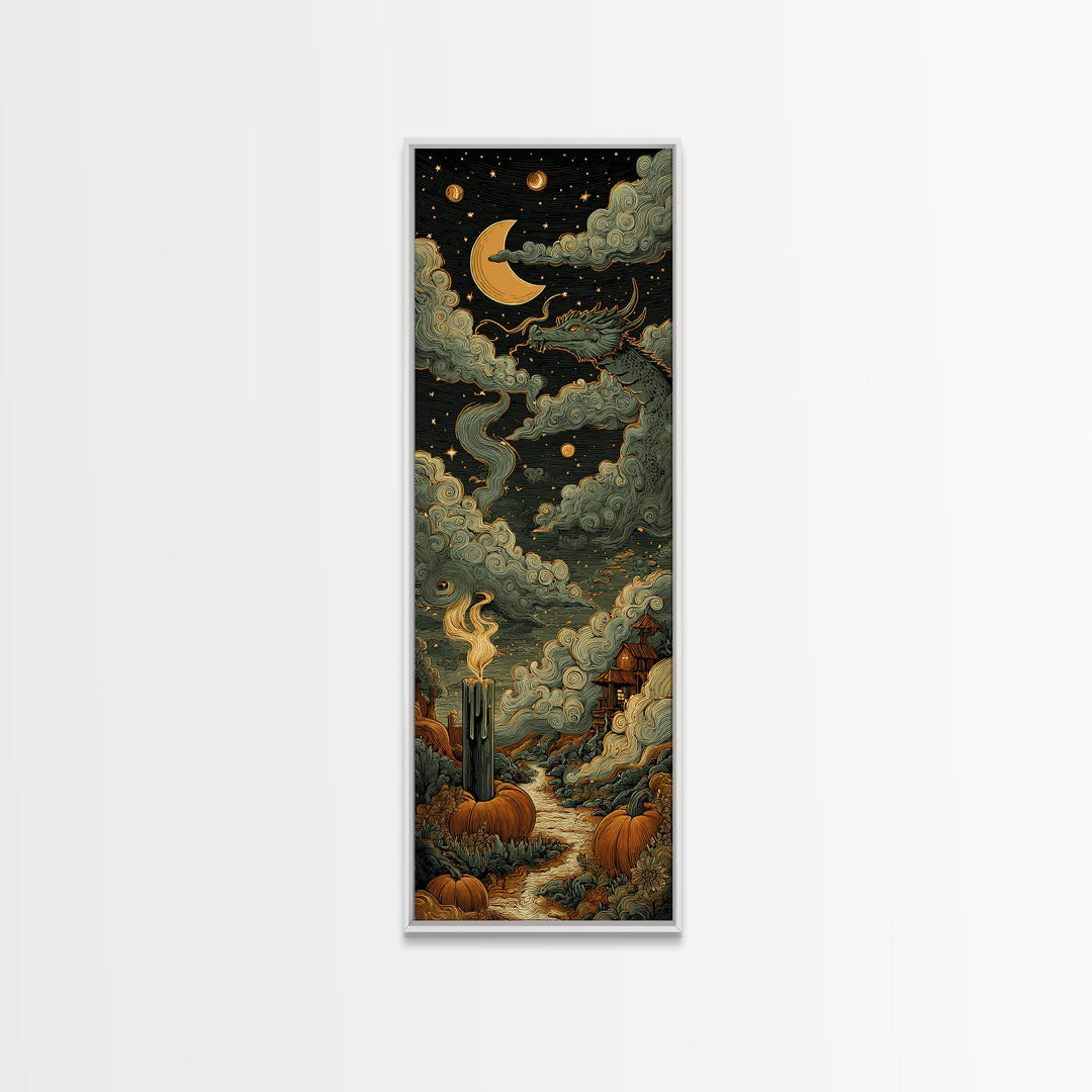 The Candle Smoke Dragon - Surreal Celestial Vision, Halloween Wall Art, Tall Narrow Wall Art, Framed Canvas Print, Halloween Home Decor