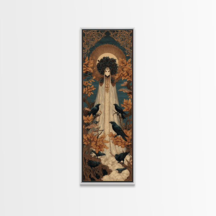 The Mourning Moth Halo - Icon Portrait, Macabre Halloween Art, Tall Narrow Wall Art, Framed Canvas Print, Halloween Home Decor