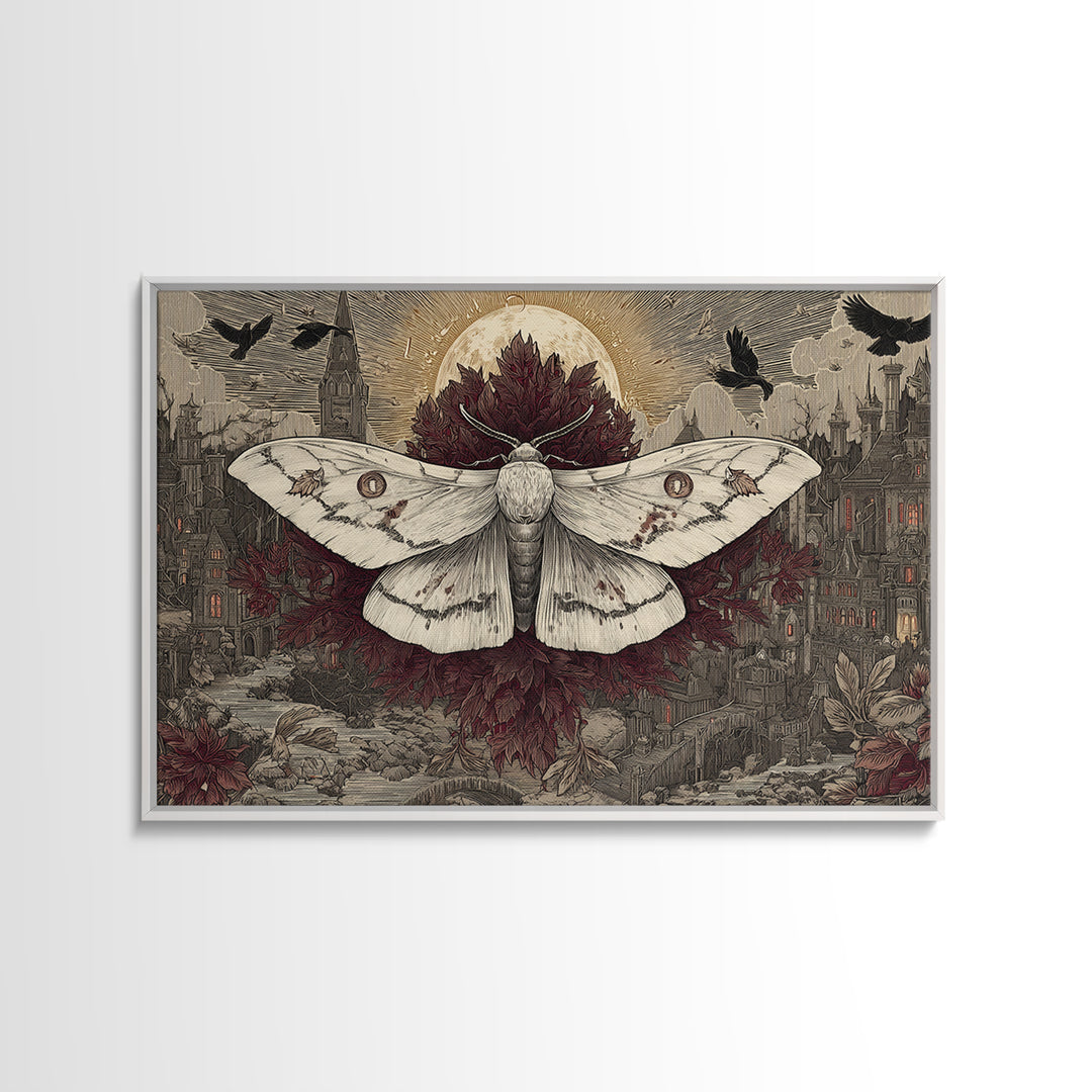 The Mourning Moth Halo - Environmental Panorama, Macabre Halloween Art, Landscape Wall Art, Framed Canvas Print, Halloween Home Decor