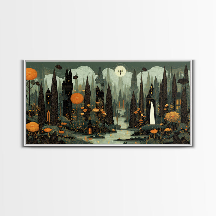 The Mourning Moth Halo - Environmental Panorama, Dark Fantasy Wall Art, Wide Panoramic Art, Canvas Print, Halloween Home Decor