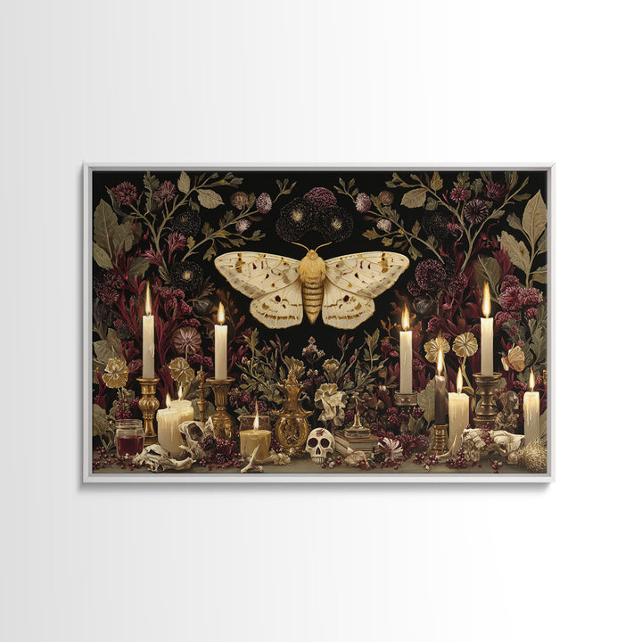 The Mourning Moth Halo - Occult Still Life, Macabre Halloween Art, Landscape Wall Art, Framed Canvas Print, Halloween Home Decor