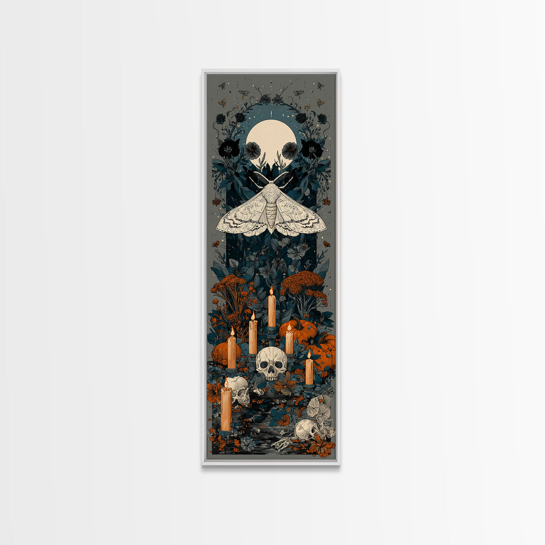 The Mourning Moth Halo - Occult Still Life, Macabre Halloween Art, Tall Narrow Wall Art, Framed Canvas Print, Halloween Home Decor