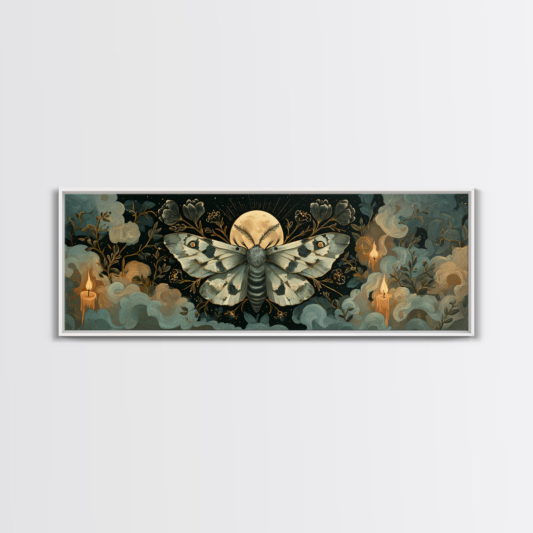 The Mourning Moth Halo - Surreal Celestial Vision, Gothic Home Decor, Extra Wide Wall Art, Canvas Print, Halloween Home Decor