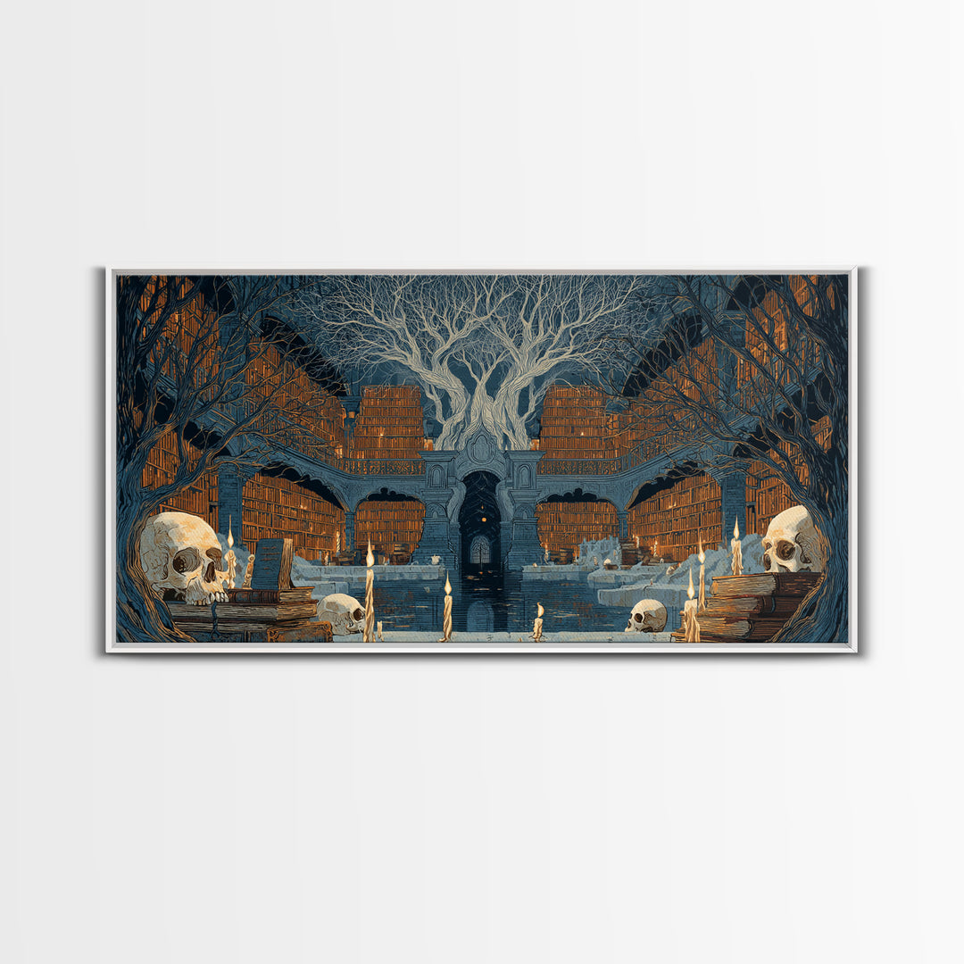 The Catacomb Library - Icon Portrait, Spooky Wall Decor, Wide Panoramic Art, Framed Canvas Print, Halloween Home Decor, Gothic Wall Art