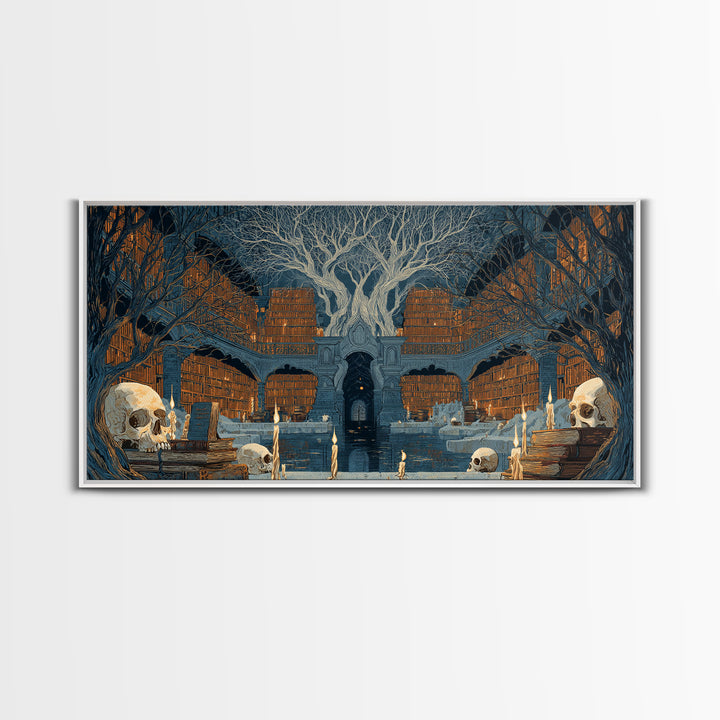 The Catacomb Library - Icon Portrait, Spooky Wall Decor, Wide Panoramic Art, Framed Canvas Print, Halloween Home Decor, Gothic Wall Art