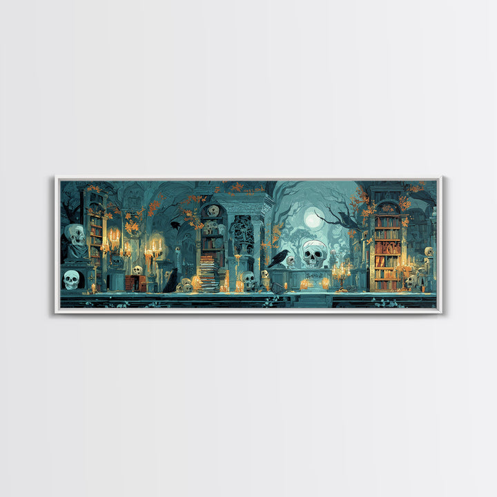The Catacomb Library - Icon Portrait, Spooky Wall Decor, Extra Wide Wall Art, Framed Canvas Print, Halloween Home Decor, Gothic Wall Art