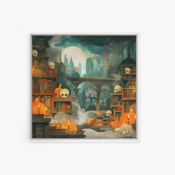 The Catacomb Library - Environmental Panorama, Macabre Halloween Art, Square Wall Art, Framed Canvas Print, Halloween Home Decor