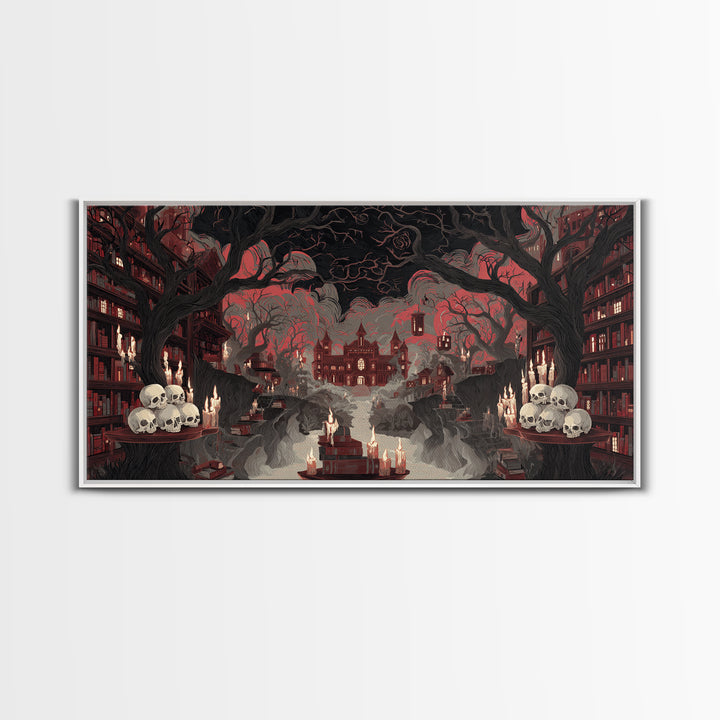 The Catacomb Library - Environmental Panorama, Macabre Halloween Art, Wide Panoramic Art, Framed Canvas Print, Halloween Home Decor