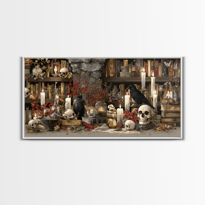 The Catacomb Library - Occult Still Life, Halloween Wall Art, Wide Panoramic Art, Framed Canvas Print, Halloween Home Decor, Gothic Wall Art