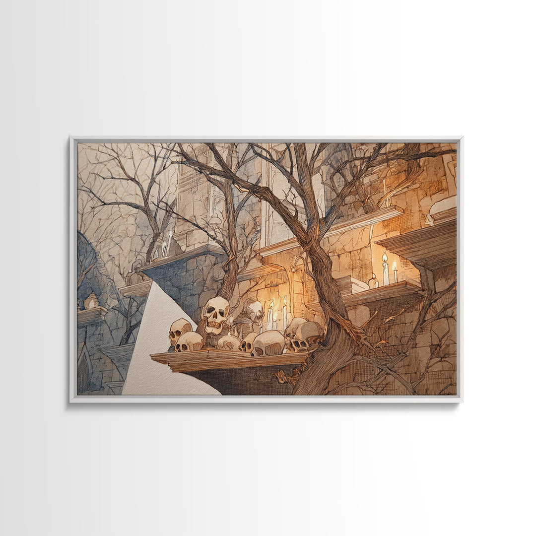 The Catacomb Library - Procession Scene, Spooky Wall Decor, Landscape Wall Art, Framed Canvas Print, Halloween Home Decor, Gothic Wall Art