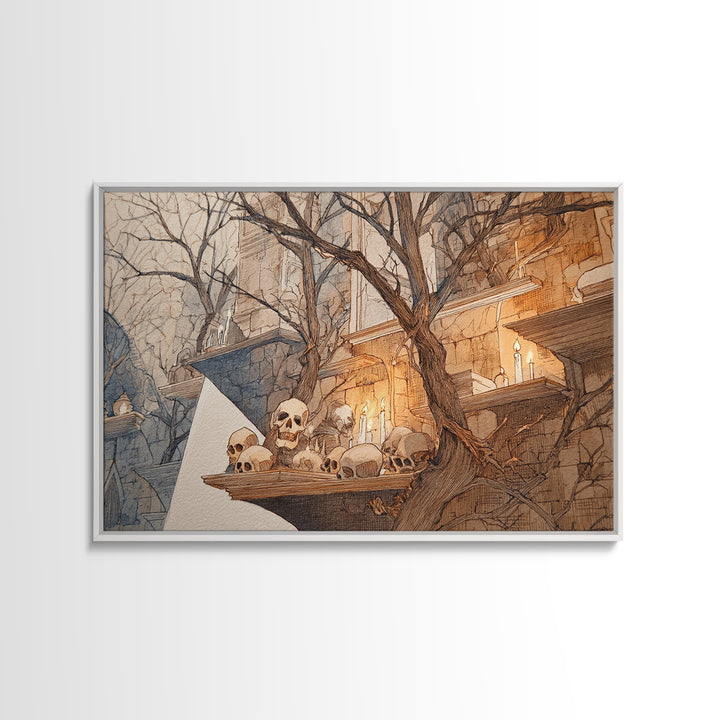 The Catacomb Library - Procession Scene, Spooky Wall Decor, Landscape Wall Art, Framed Canvas Print, Halloween Home Decor, Gothic Wall Art
