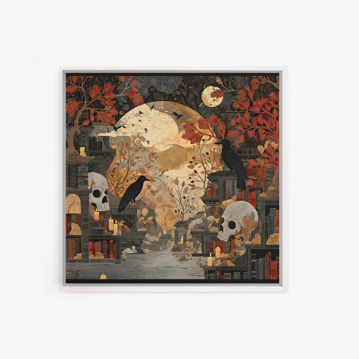The Catacomb Library - Surreal Celestial Vision, Macabre Halloween Art, Square Wall Art, Framed Canvas Print, Halloween Home Decor